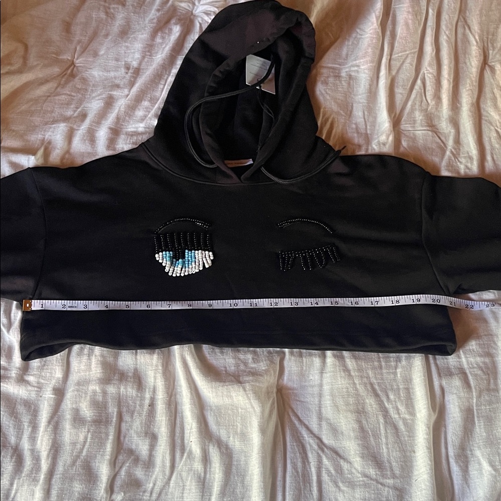 Chiara Ferragni NWT Black Cropped Hoodie with Flirting Beaded Wink Detail - Picture 11 of 14